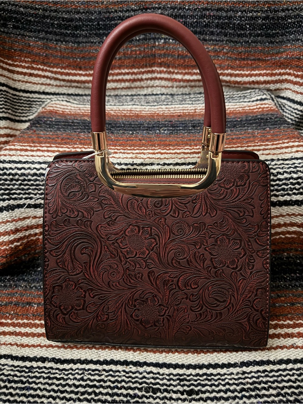 Women's Embossed Floral Top-Handle Bag in Deep Burgundy